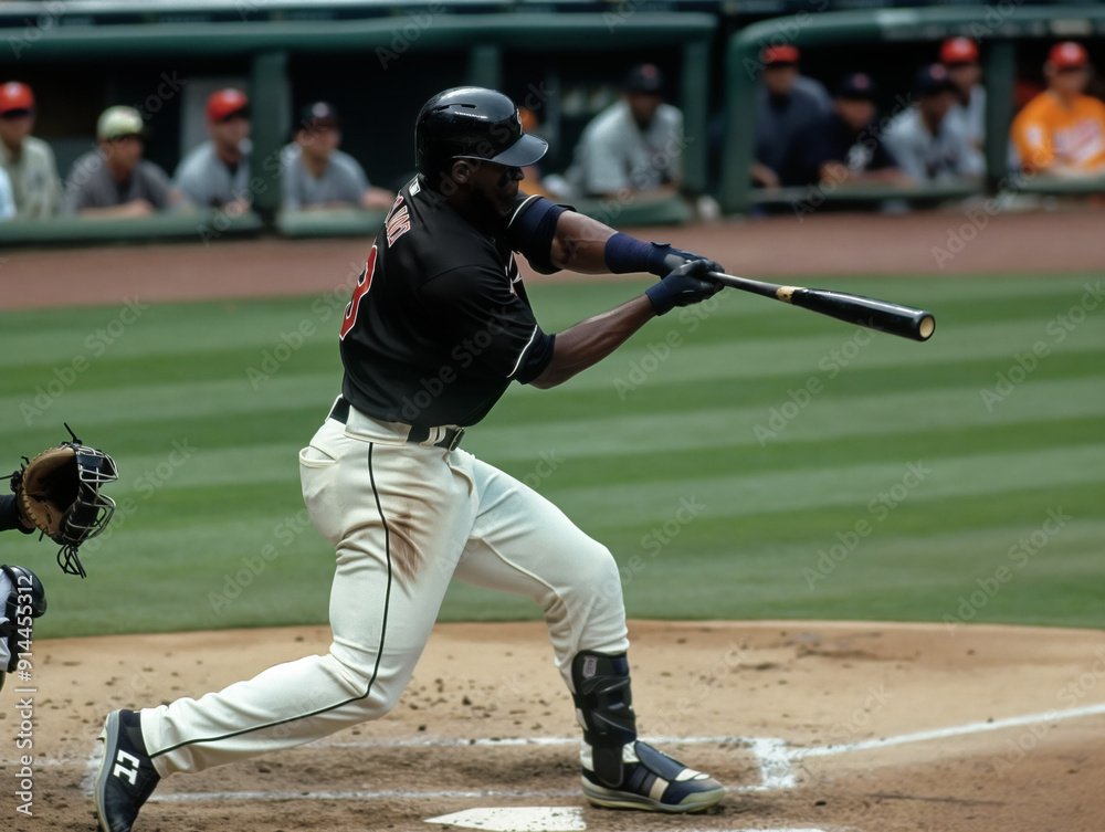 A baseball player is swinging a bat at a ball. The batter is wearing a black jersey and white pants
