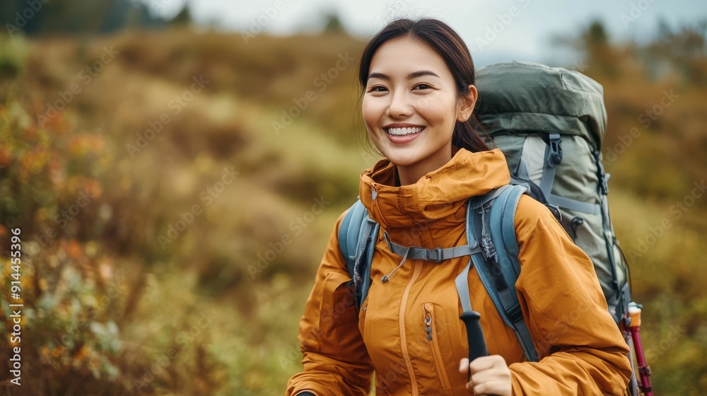 A cheerful individual explores a vibrant hiking trail in nature A cheerful individual explores a vibrant hiking trail in nature