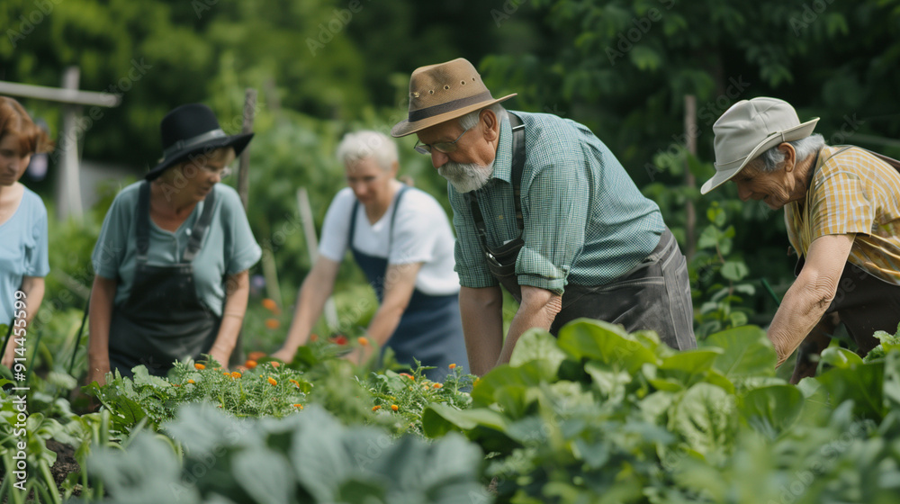 Group of elderly people gardening together in a lush vegetable garden. Group of elderly people gardening together in a lush vegetable garden.