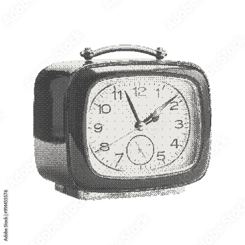 Vintage clock. Collage cutout element for scrapbook, poster, t-shirt. Vector monochrome sticker in a surreal bitmap style with dotted photocopy texture.