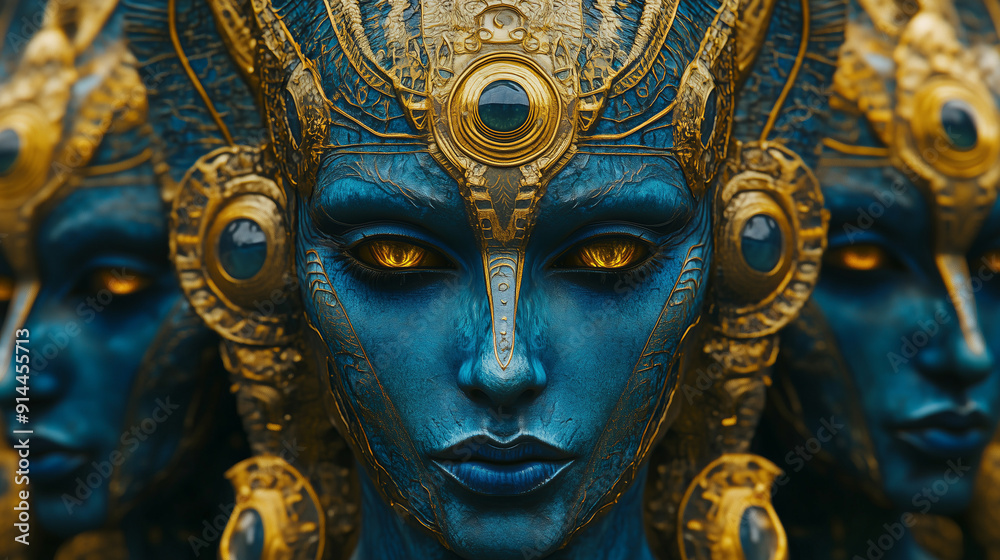 Blue-Skinned Woman with Ornate Gold Headdress and Glowing Eyes, Mystical Portrait