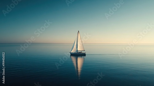 Detailed shot of a lone sailboat on a calm sea, symbolizing freedom and solitude, providing a serene and inspiring background. photo