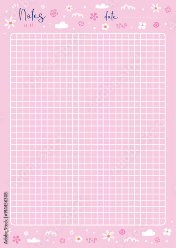Vector illustration of note page with white grid pattern and flowers on pink background. Cute spring every day sheet for women or girls