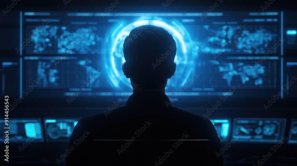 A silhouette of a person in front of a futuristic display, conveying technology, data, and innovation in a digital environment.