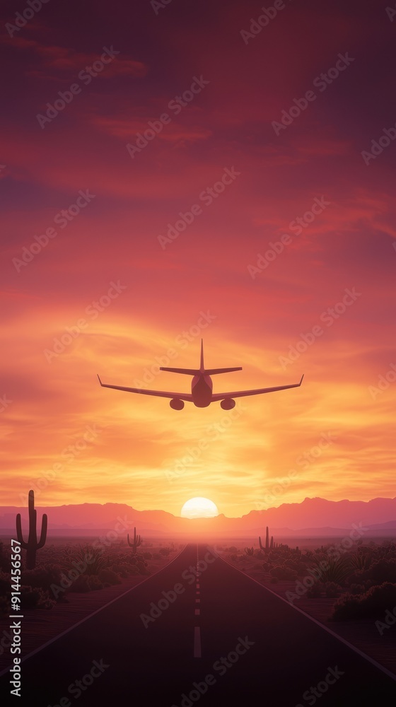 A stunning silhouette of an airplane flying towards a vibrant sunset over a desert landscape, highlighting travel and adventure.