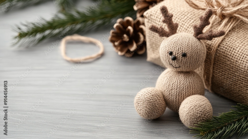 Cozy handcrafted reindeer toy with a gift wrapped in burlap, surrounded by pine branches and natural decor elements.