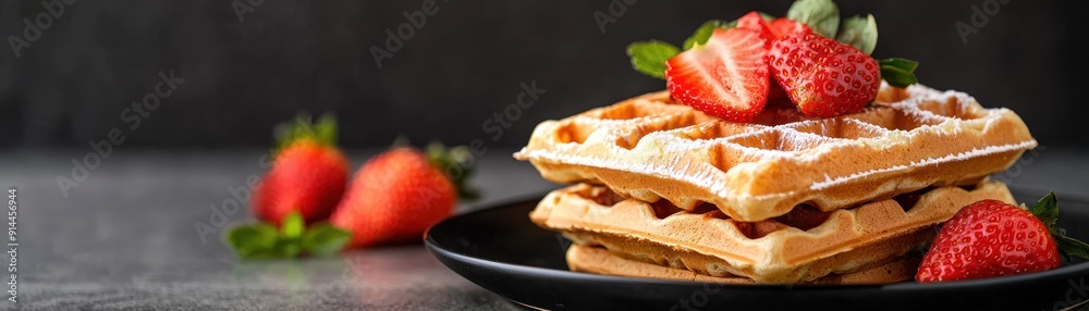 Delicious golden waffles topped with fresh strawberries and powdered sugar on a sleek black plate, perfect for breakfast or dessert. Delicious golden waffles topped with fresh strawberries and powdered sugar on a sleek black plate, perfect for breakfast or dessert.