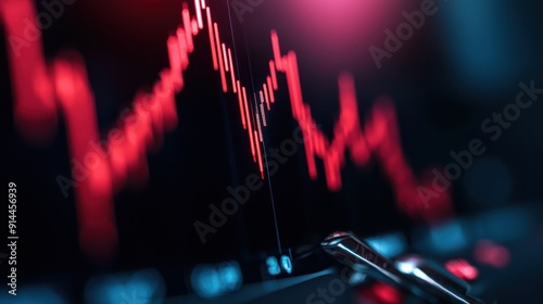 Close-up view of a financial stock market chart displaying sharp fluctuations in red, representing market volatility and trends.