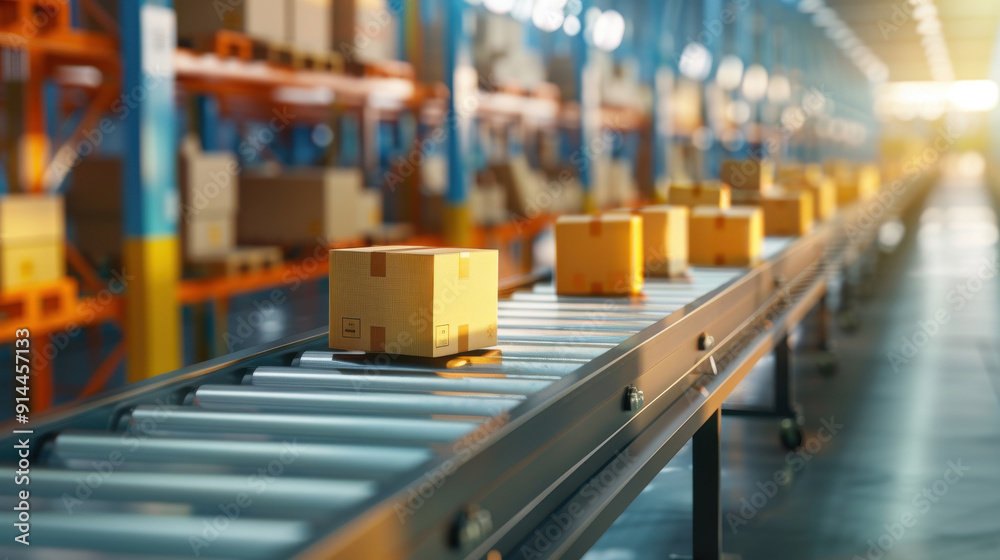 A conveyor belt carrying packages in a modern warehouse, showcasing efficient logistics and organized distribution. A conveyor belt carrying packages in a modern warehouse, showcasing efficient logistics and organized distribution.