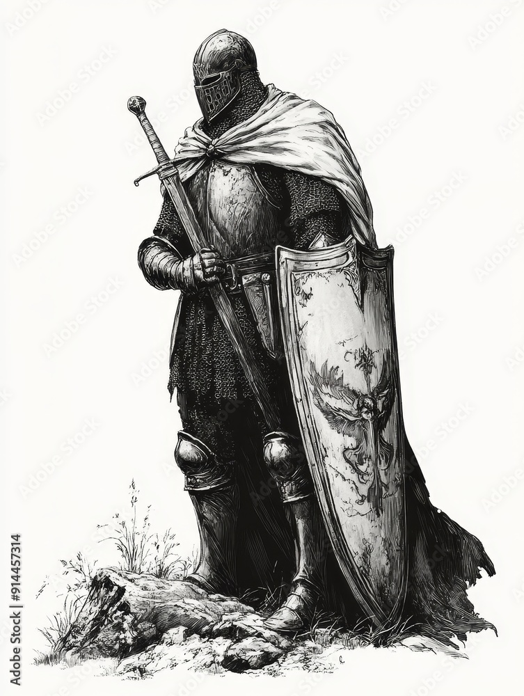Fototapeta premium A Medieval Knight in Full Armor Standing with Sword and Shield