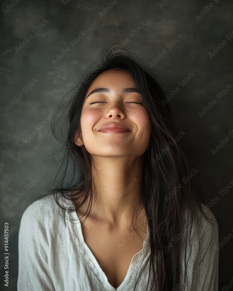 A joyful young woman radiates happiness with her serene expression A joyful young woman radiates happiness with her serene expression