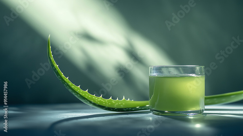 Aloe Vera Gel in Glass Jar with Aloe Leaf in Sunlight, Natural Skincare