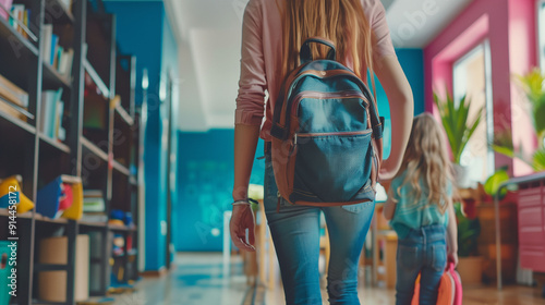 Mother and daughter walking down school corridor with backpacks on.