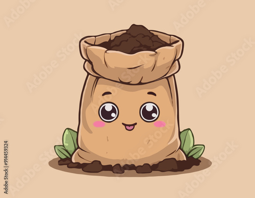 Burlap sack full of dirt and soil cute kawaii cartoon illustration. Gardening farming agriculture clipart.