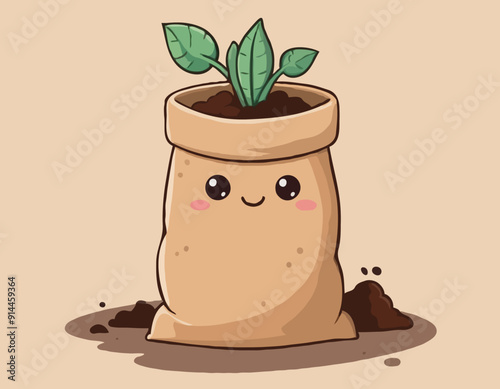 Burlap sack full of dirt and soil cute kawaii cartoon illustration. Gardening farming agriculture clipart.