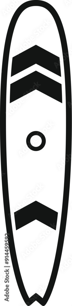 Simple black and white icon of a surfboard with upward arrows, symbolizing progress and improvement in surfing Simple black and white icon of a surfboard with upward arrows, symbolizing progress and improvement in surfing