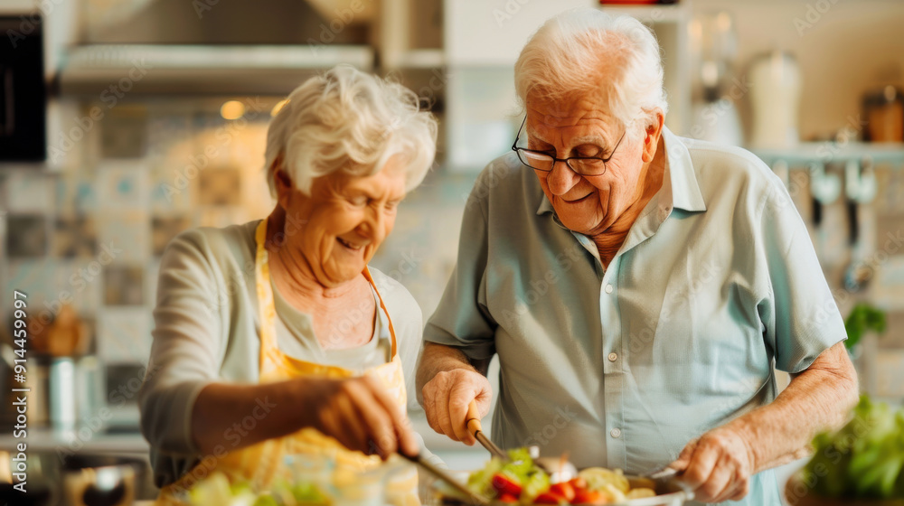 An elderly couple joyfully preparing a meal together in a cozy kitchen, showcasing love, companionship, and healthy living. An elderly couple joyfully preparing a meal together in a cozy kitchen, showcasing love, companionship, and healthy living.