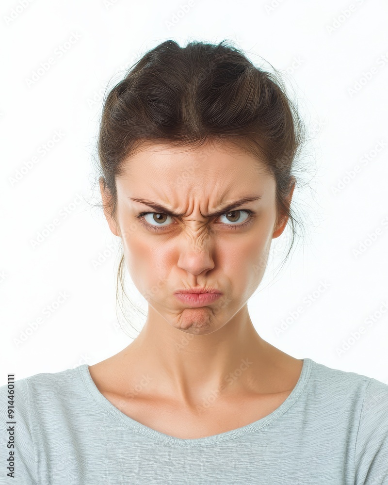 A woman with a serious expression conveys deep discontent and frustration A woman with a serious expression conveys deep discontent and frustration