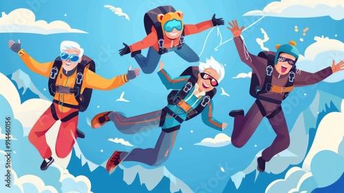 Group of Seniors Skydiving, Embracing Extreme Activity, Aging Well