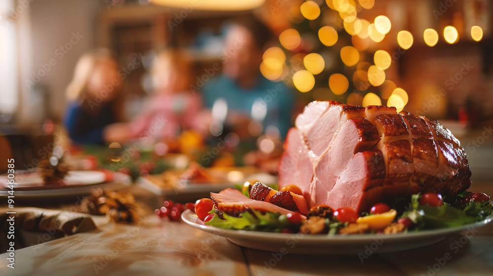 Smoked ham served on Christmas table with family in background at home Smoked ham served on Christmas table with family in background at home