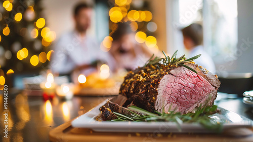 Delicious roast beef with rosemary garnish on the Christmas table