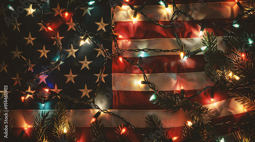 American flag with christmas lights and garland, vintage toned