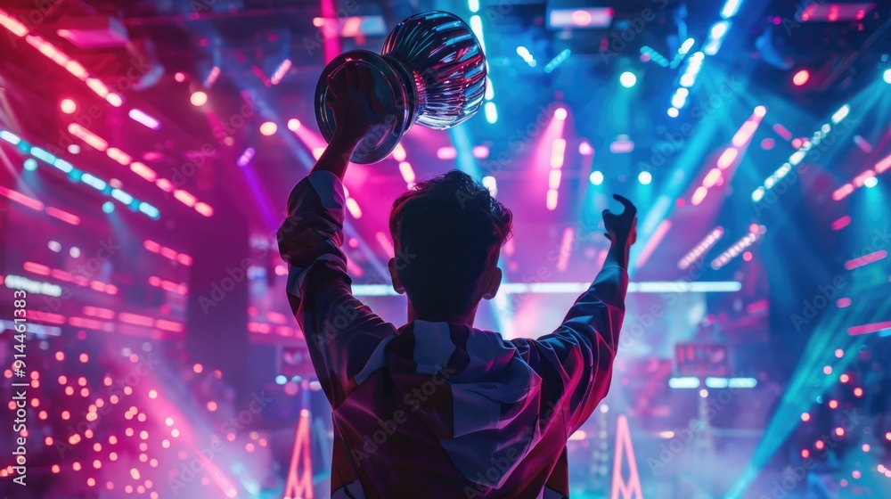 e gaming: Professional Gamer Holding Trophy in Neon-Lit Arena e gaming: Professional Gamer Holding Trophy in Neon-Lit Arena