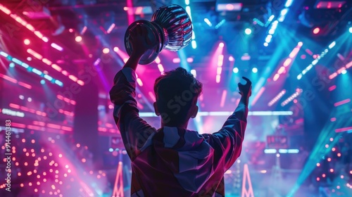 e gaming: Professional Gamer Holding Trophy in Neon-Lit Arena