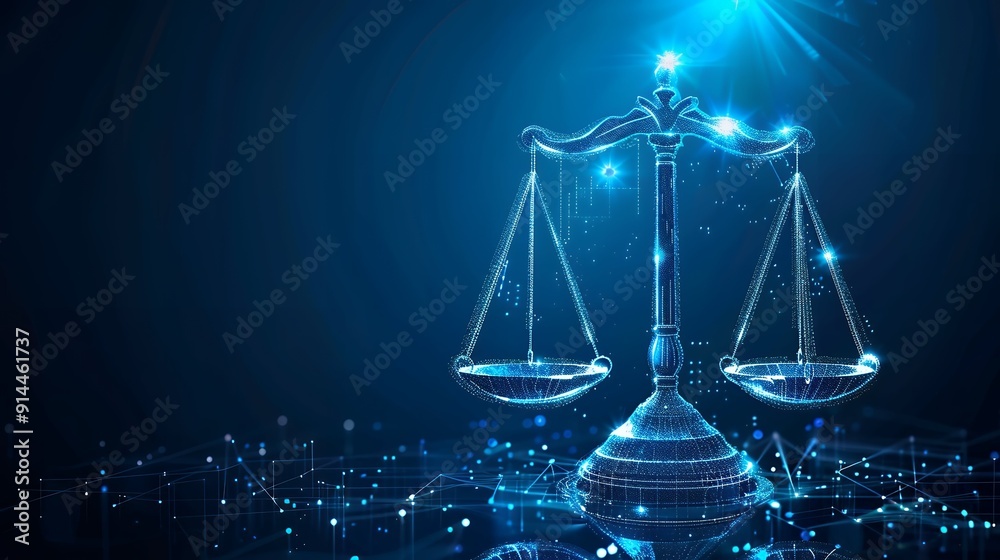 Digital technology and law concept with scales of justice hologram on a blue background. Digital technology and law concept with scales of justice hologram on a blue background.