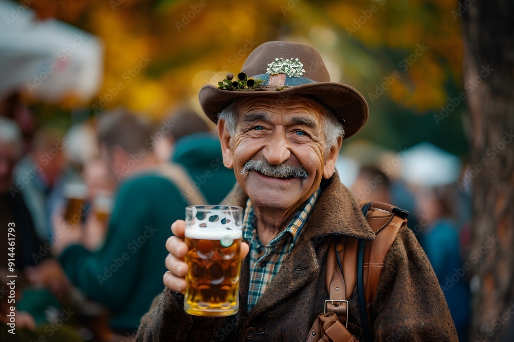 Cheerful elderly man enjoying a beer at Oktoberfest in Munich Germany with festive lights in the background Cheerful elderly man enjoying a beer at Oktoberfest in Munich Germany with festive lights in the background