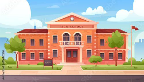 School building. Vector illustration of High school exterior with road, garden, flag, green plants and trees, cityscape. Back to school. Schoolhouse outside. Elementary children education, college