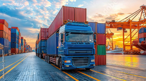 A blue truck loaded with containers parked at a vibrant port during sunset, showcasing shipping logistics and industry. photo