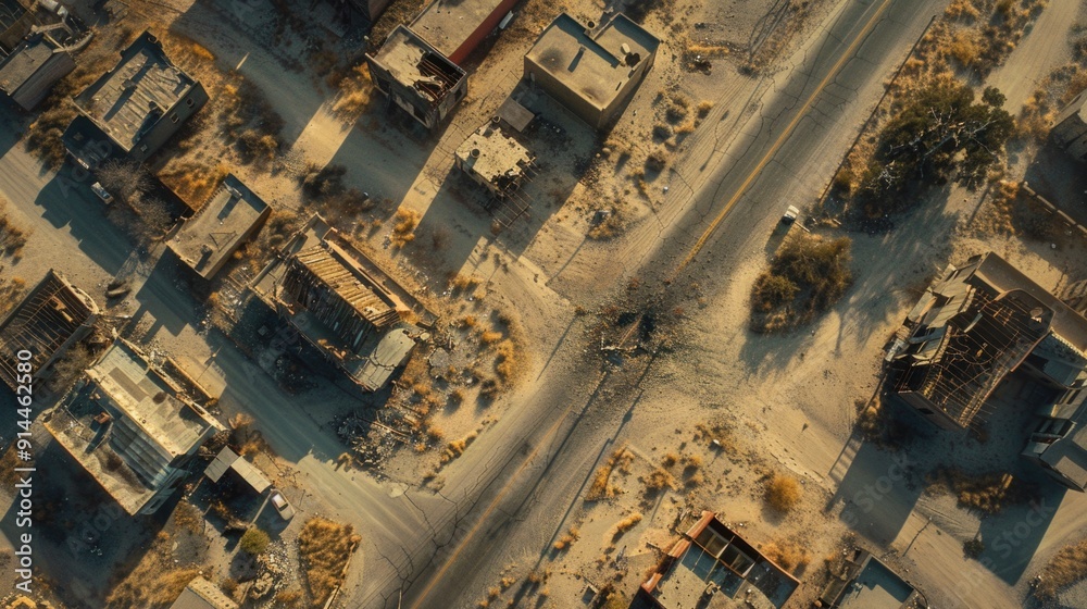 Top-Down Aerial Shot Looking Down at an Empty Apocalyptic Desert Town in Texas Top-Down Aerial Shot Looking Down at an Empty Apocalyptic Desert Town in Texas