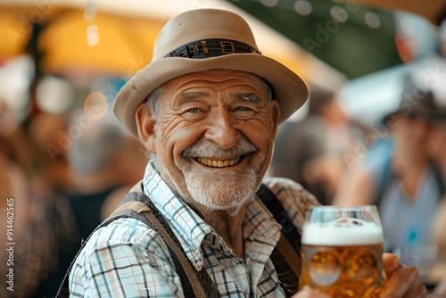 Cheerful elderly man enjoying a beer at Oktoberfest in Munich Germany with festive lights in the background