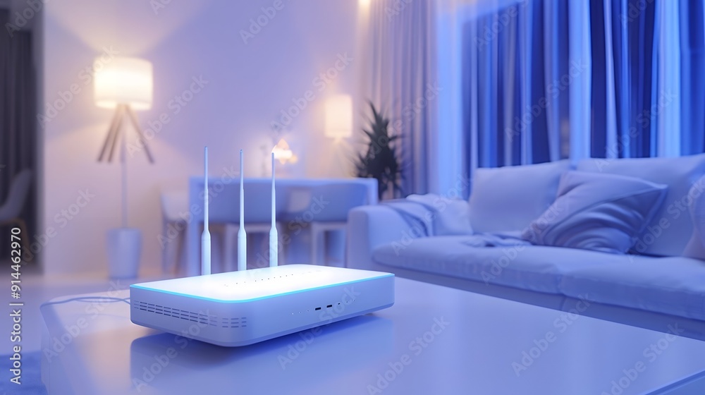 A high-speed wireless router, standing gracefully on a table, antennas prepared for seamless connectivity, surrounded by the technology-rich ambiance of a modern home interior. A high-speed wireless router, standing gracefully on a table, antennas prepared for seamless connectivity, surrounded by the technology-rich ambiance of a modern home interior.