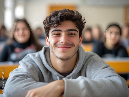 Happy college student during a lecture in the classroom looking at camera. 