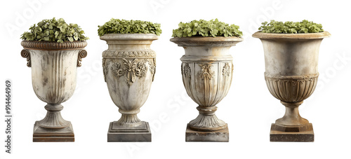 Set of garden urn planters with with lush greenery isolated on transparent or white background photo