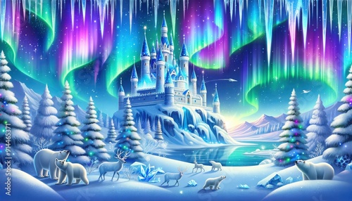 Fototapeta Naklejka Na Ścianę i Meble -  A fantasy winter scene features northern lights, ice castle and wild animals