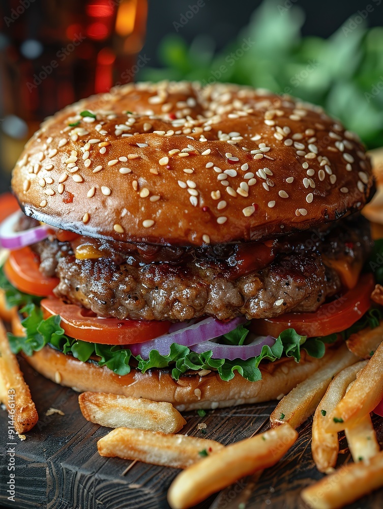 Delicious hamburger with cola and potato fries on a wooden table with a dark brown background behind. Fast food concept Delicious hamburger with cola and potato fries on a wooden table with a dark brown background behind. Fast food concept