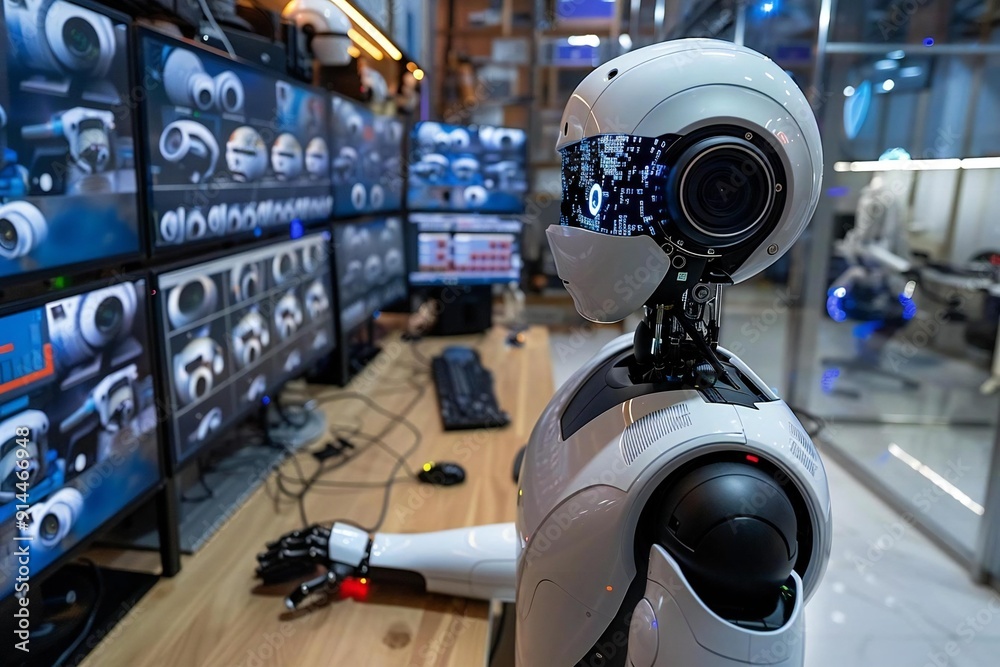 Elevated View Of Humanoid Robot Security Monitoring Multiple Camera Footage On Computer At Workplace, robot, security, ai, artificial, camera, intelligence, code, monitor, tech, machine Elevated View Of Humanoid Robot Security Monitoring Multiple Camera Footage On Computer At Workplace, robot, security, ai, artificial, camera, intelligence, code, monitor, tech, machine