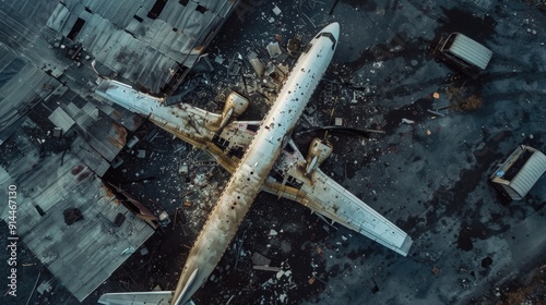 Top-Down Aerial Shot Looking Down at Plane Crash Wreckage