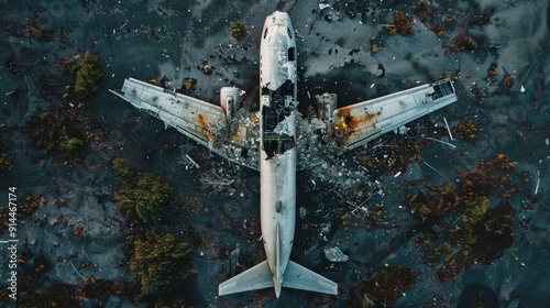Top-Down Aerial Shot Looking Down at Plane Crash Wreckage