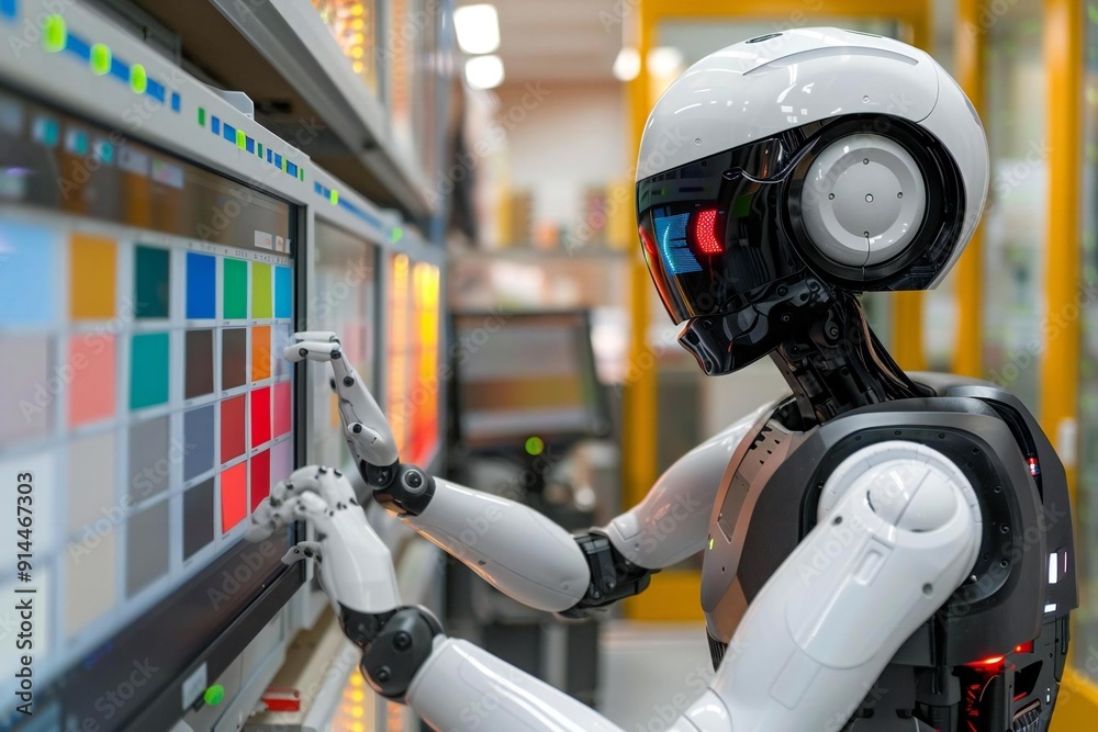 Humanoid Robot Using Computer While Holding Color Swatches In Its Hand. Humanoid Robot Using Computer While Holding Color Swatches In Its Hand.
