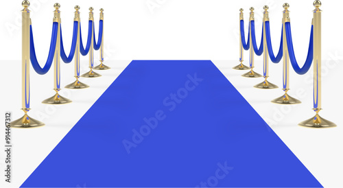 Blue carpet with blue ropes on golden stanchions. Vector illustration isolated on white background