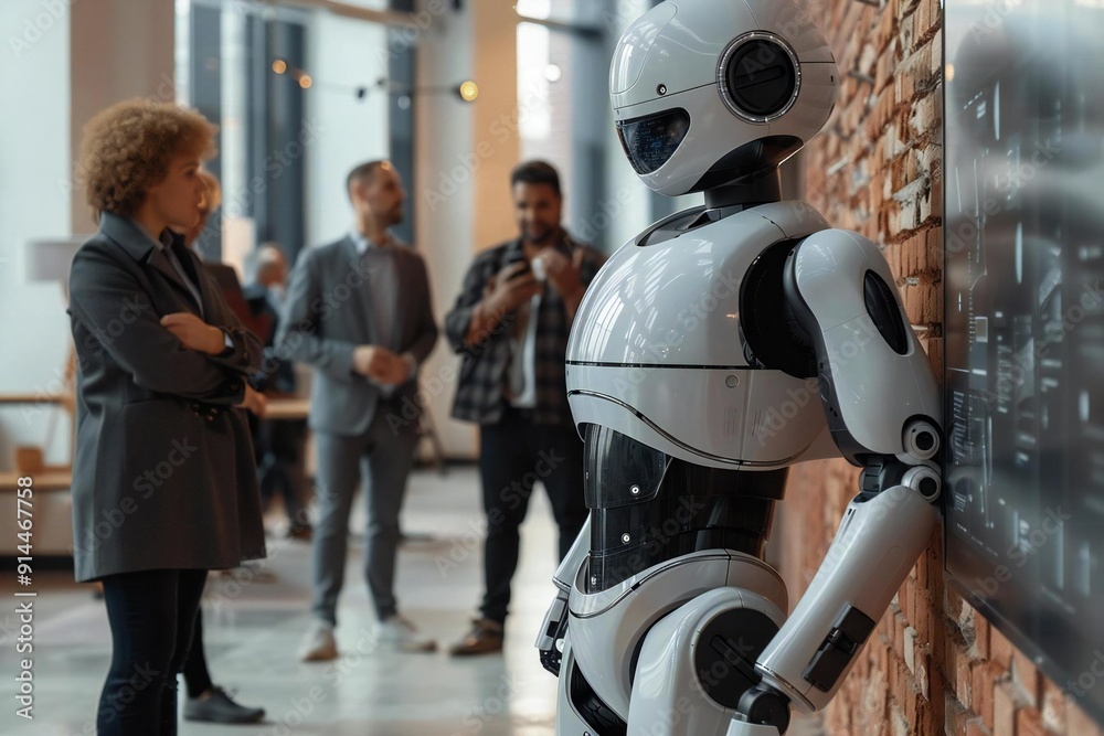 Fototapeta premium Diverse Businesspeople Standing Near The Brick Wall Using Humanoid Robot