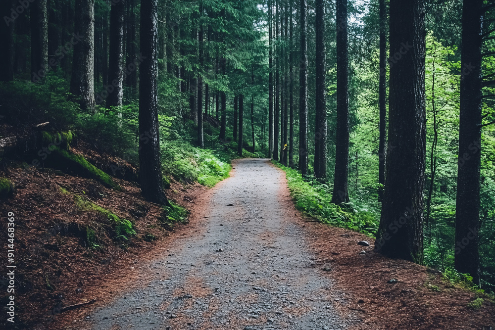 Fototapeta premium A peaceful forest path with tall trees in the background, perfect for hiking and outdoor exploration.
