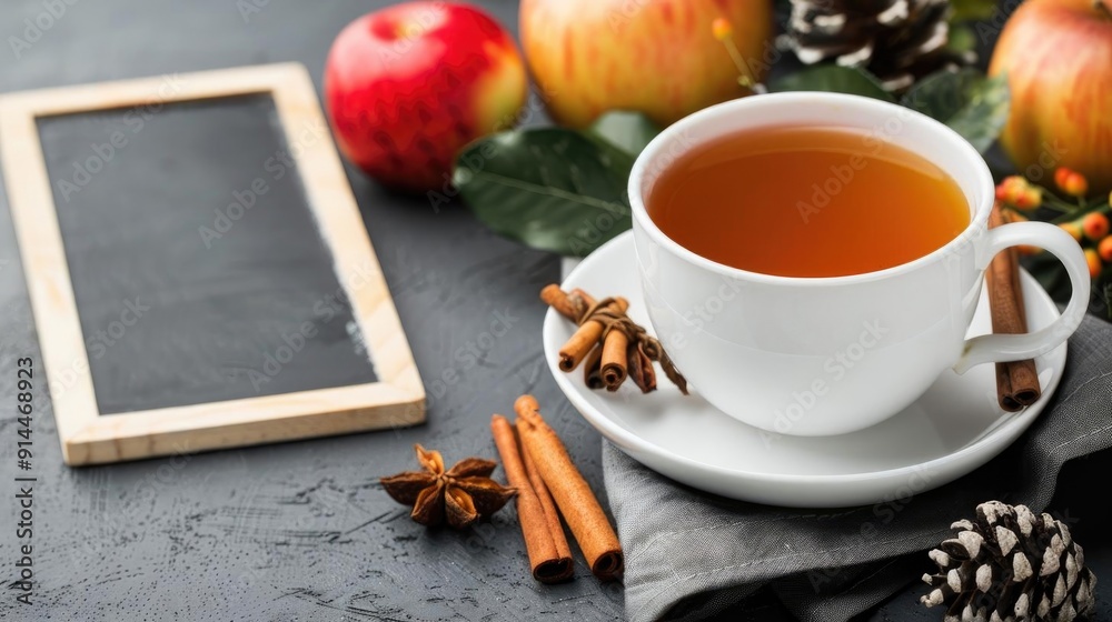 Warm apple cider tea in white cup with cinnamon sticks and star anise, with chalkboard and apples in background. Warm apple cider tea in white cup with cinnamon sticks and star anise, with chalkboard and apples in background.