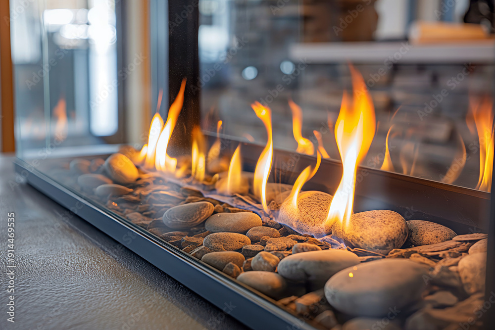 © tynza - Close-up of a modern gas fireplace with a clean, glass front, showcasing the flames dancing over decorative . © tynza - Close-up of a modern gas fireplace with a clean, glass front, showcasing the flames dancing over decorative .