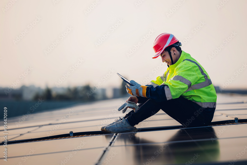 Engineer service check installation solar cell on the roof of factory. Engineers walking on roof inspect and check solar cell panel. Engineer working inspection installation solar cell on the roof Engineer service check installation solar cell on the roof of factory. Engineers walking on roof inspect and check solar cell panel. Engineer working inspection installation solar cell on the roof