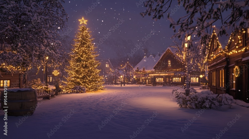 A cozy village square is adorned with festive lights and a large Christmas tree, surrounded by snow-covered buildings on a peaceful winter evening A cozy village square is adorned with festive lights and a large Christmas tree, surrounded by snow-covered buildings on a peaceful winter evening
